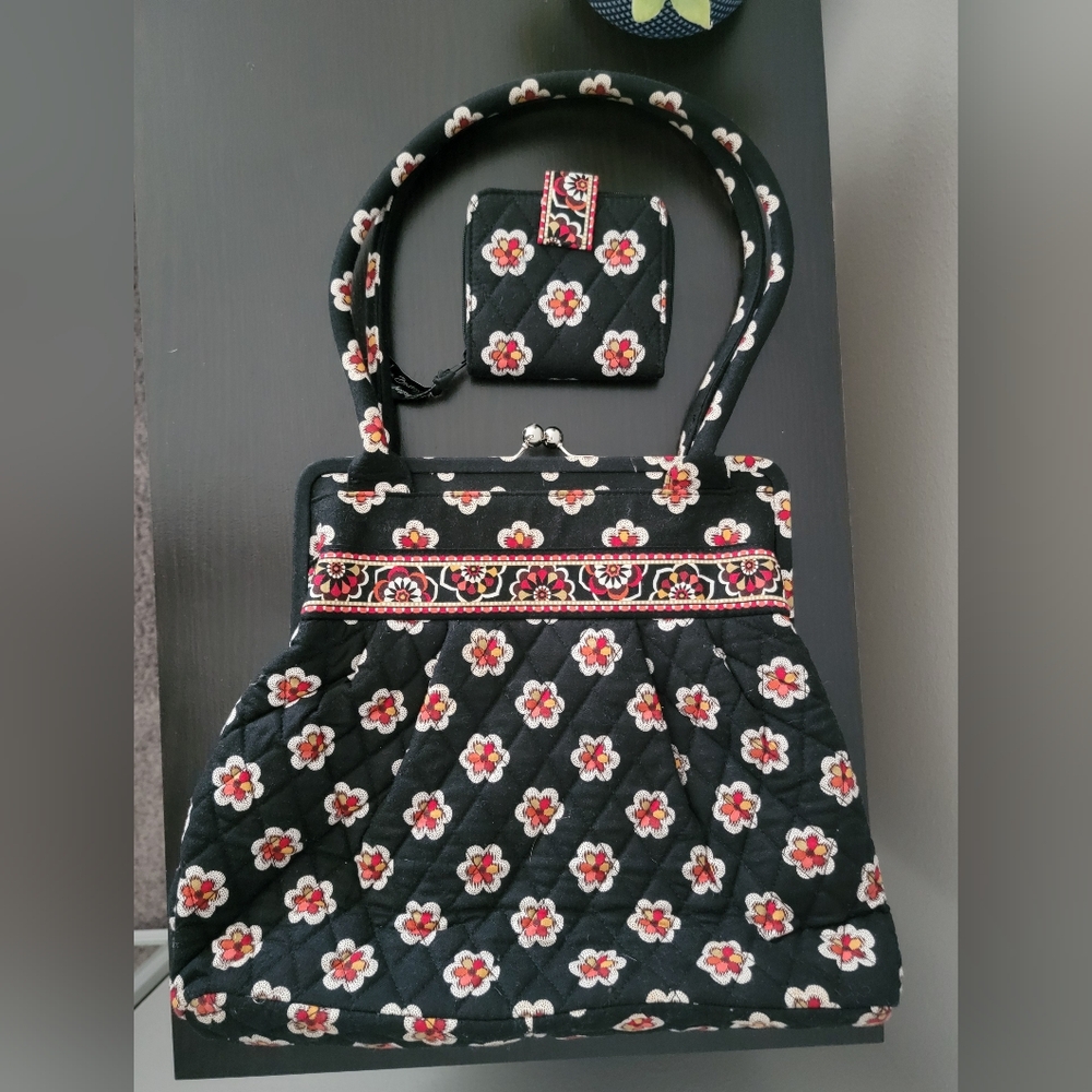 Vera Bradley Floral Black Quilted Shoulder Bag and Wallet